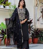 Floral embroidered silk round neck kurta trouser & dupatta set