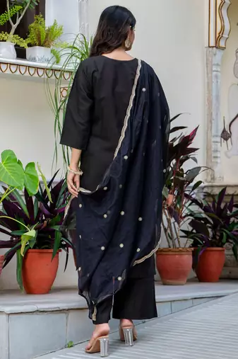 Floral embroidered silk blend round neck kurta trouser & dupatta set