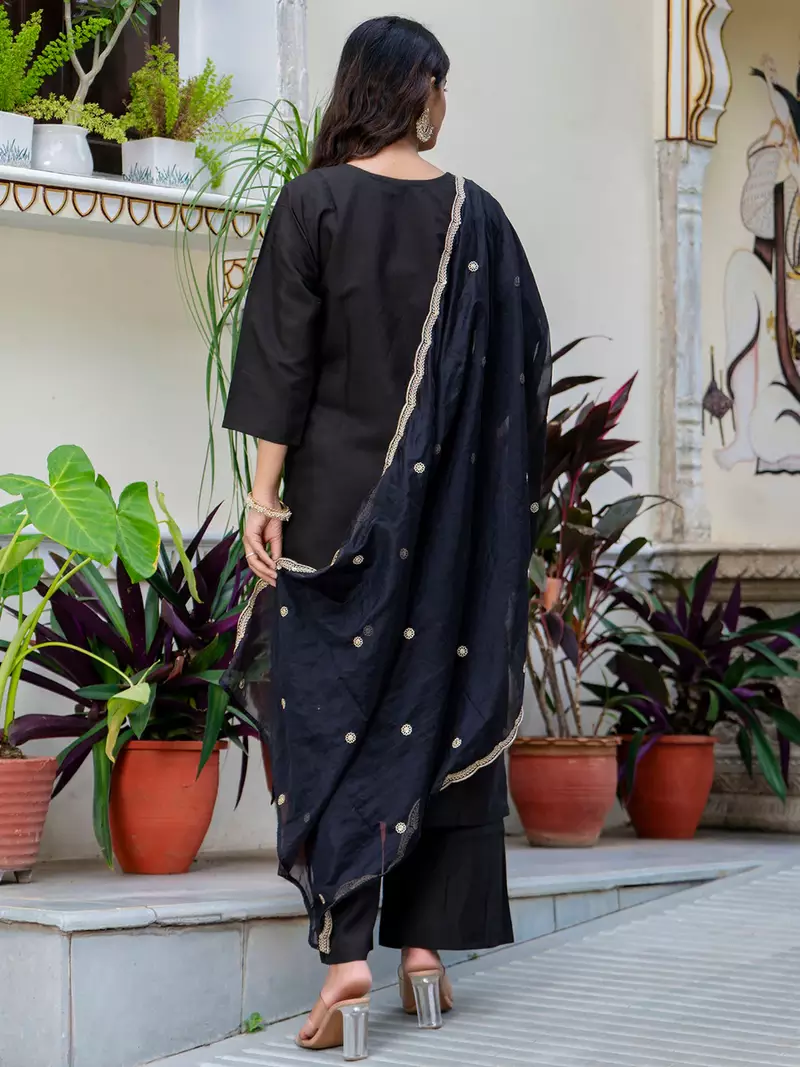 Floral embroidered silk round neck kurta trouser & dupatta set
