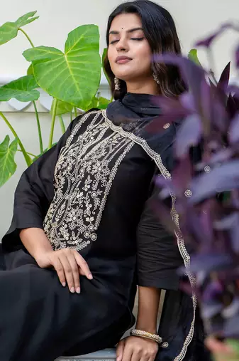 Floral embroidered silk blend round neck kurta trouser & dupatta set