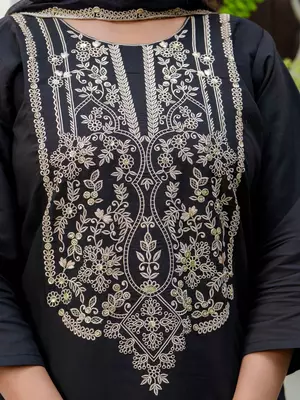 Floral embroidered silk blend round neck kurta trouser & dupatta set 4