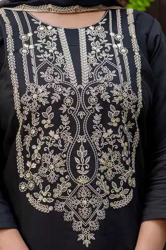 Floral embroidered silk blend round neck kurta trouser & dupatta set