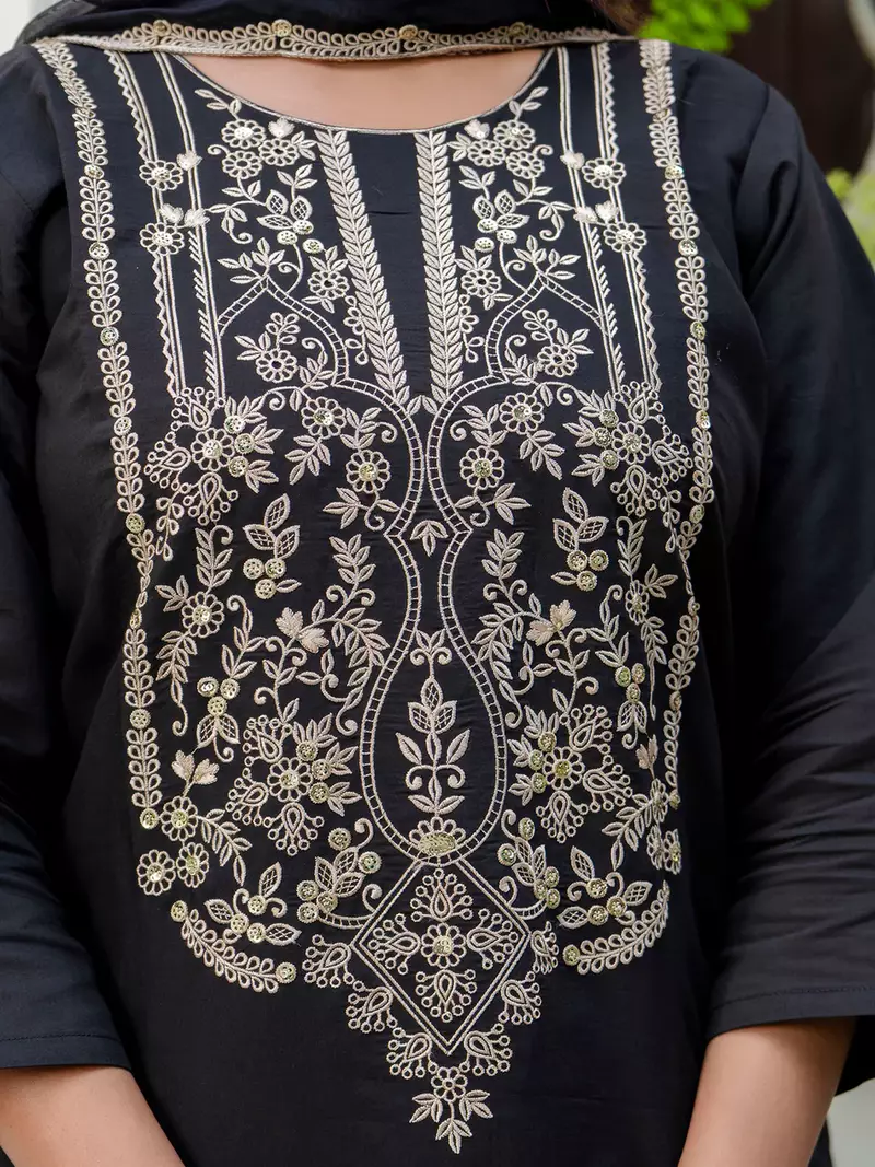 Floral embroidered silk round neck kurta trouser & dupatta set