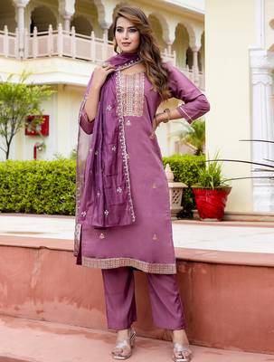 Floral embroidered silk blend round neck kurta trouser & dupatta set 1