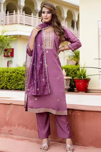 Floral embroidered silk round neck kurta trouser & dupatta set