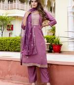 Floral embroidered silk round neck kurta trouser & dupatta set