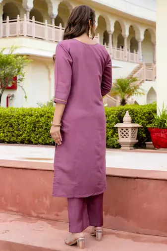 Floral embroidered silk blend round neck kurta trouser & dupatta set