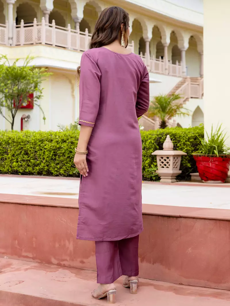 Floral embroidered silk round neck kurta trouser & dupatta set