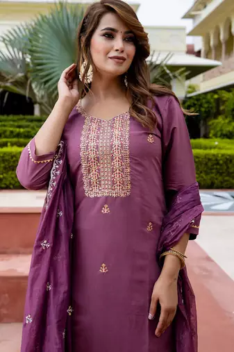 Floral embroidered silk blend round neck kurta trouser & dupatta set