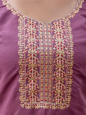 Floral embroidered silk blend round neck kurta trouser & dupatta set 4