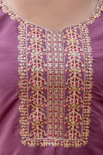 Floral embroidered silk blend round neck kurta trouser & dupatta set