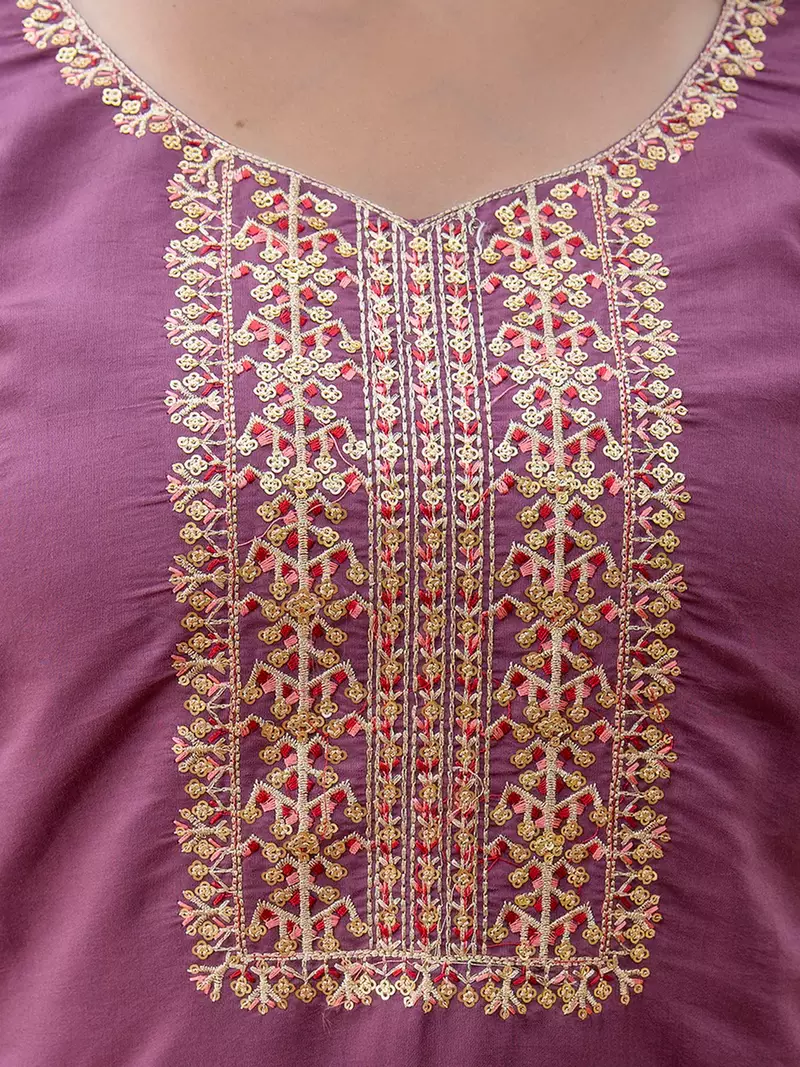 Floral embroidered silk round neck kurta trouser & dupatta set