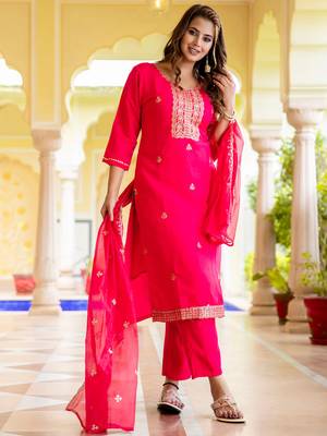 Floral embroidered silk blend round neck kurta trouser & dupatta set 1