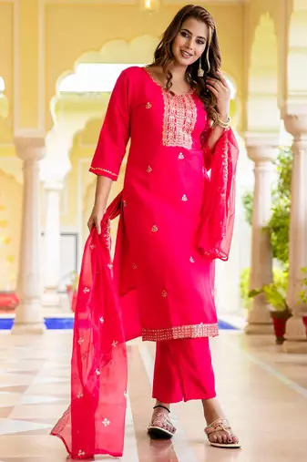 Floral embroidered silk round neck kurta trouser & dupatta set
