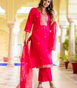 Floral embroidered silk round neck kurta trouser & dupatta set