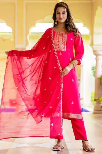 Floral embroidered silk blend round neck kurta trouser & dupatta set
