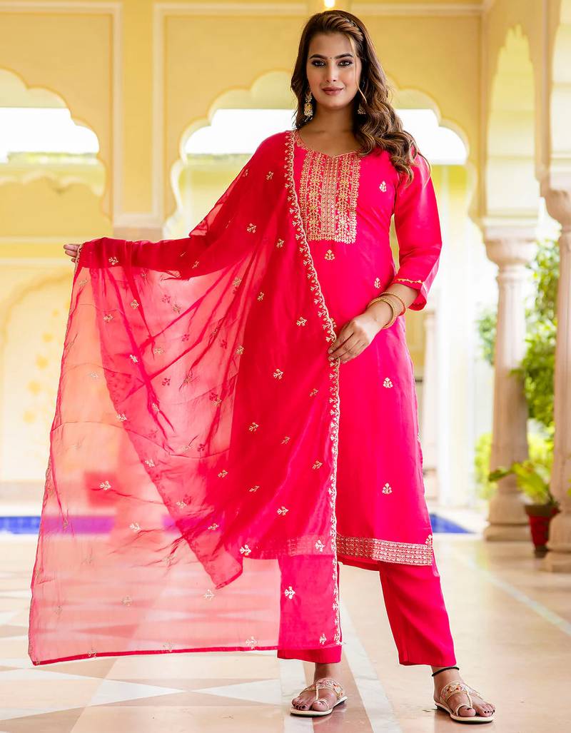 Floral embroidered silk round neck kurta trouser & dupatta set