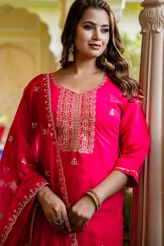 Floral embroidered silk blend round neck kurta trouser & dupatta set