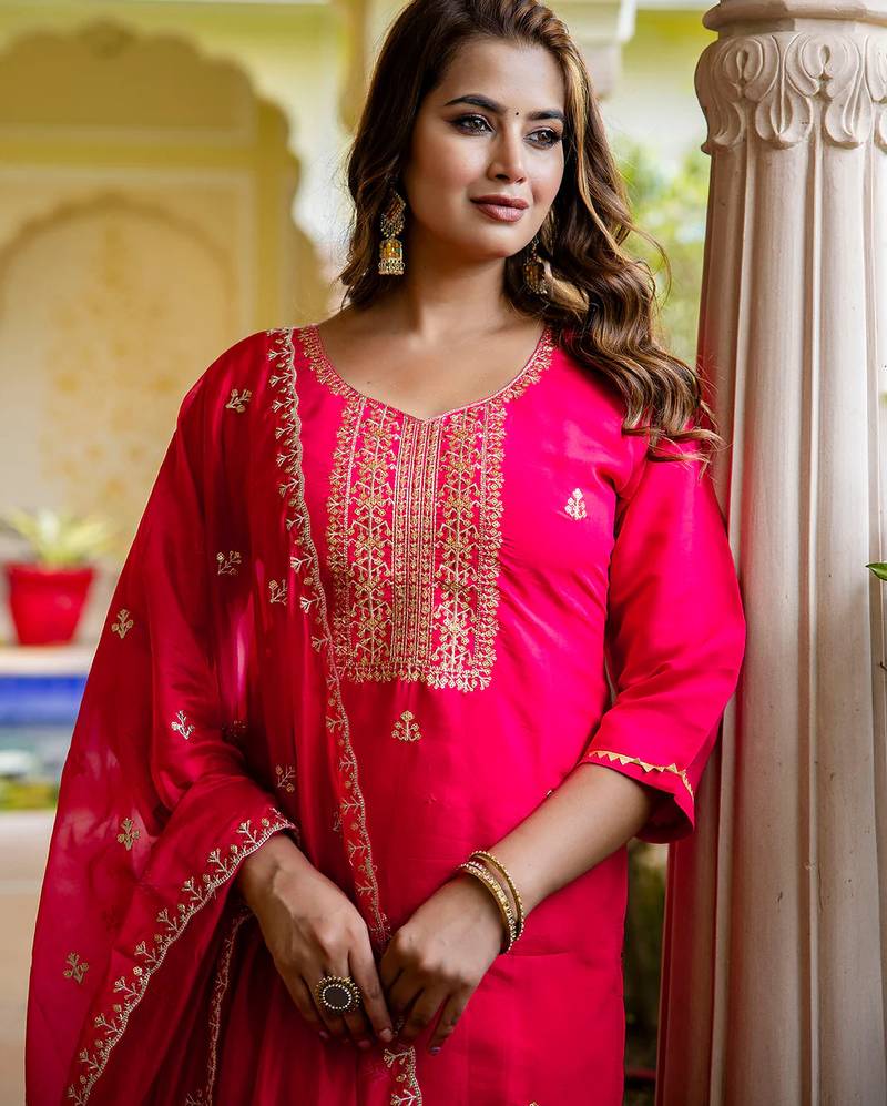 Floral embroidered silk round neck kurta trouser & dupatta set