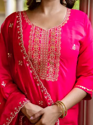 Floral embroidered silk blend round neck kurta trouser & dupatta set 4