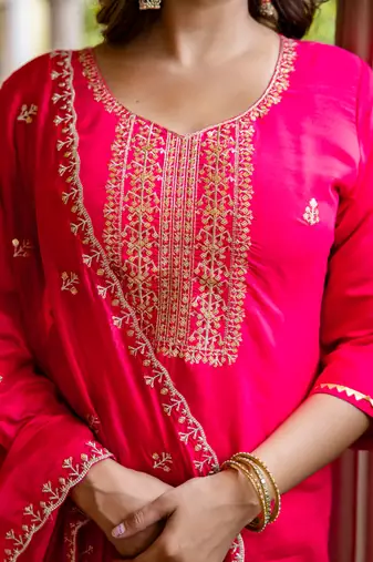 Floral embroidered silk blend round neck kurta trouser & dupatta set