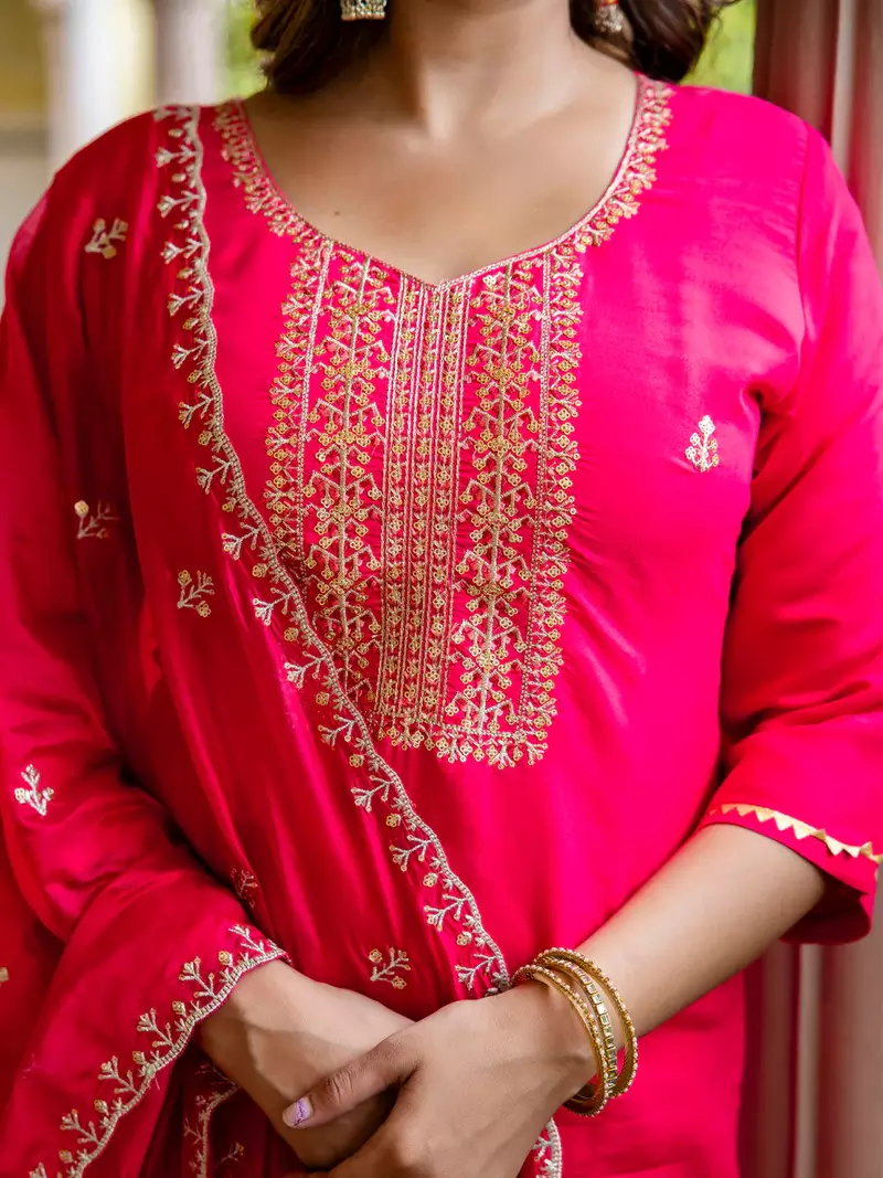 Floral embroidered silk round neck kurta trouser & dupatta set