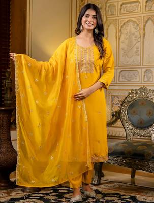 Floral embroidered silk blend round neck kurta trouser & dupatta set 1