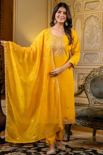 Floral embroidered silk round neck kurta trouser & dupatta set