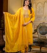 Floral embroidered silk round neck kurta trouser & dupatta set