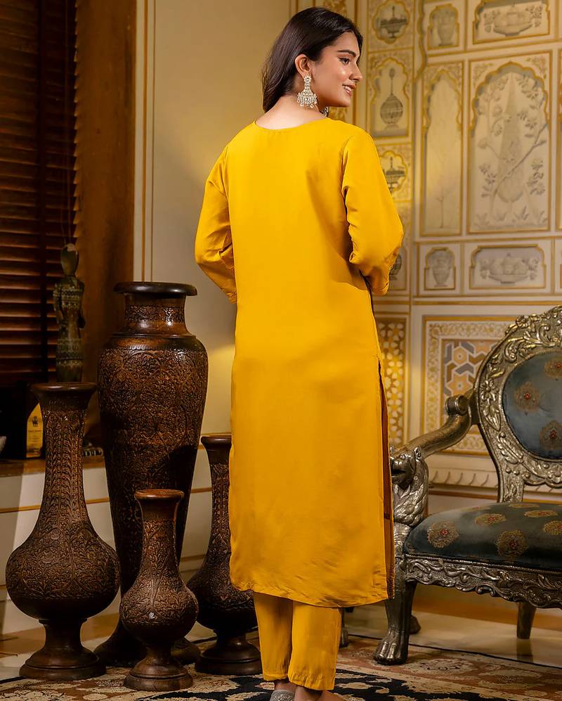 Floral embroidered silk round neck kurta trouser & dupatta set