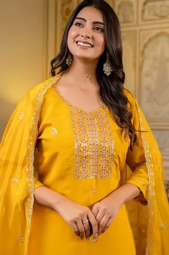 Floral embroidered silk blend round neck kurta trouser & dupatta set