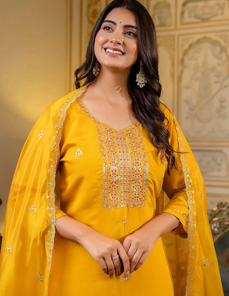 Floral embroidered silk round neck kurta trouser & dupatta set