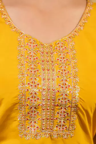 Floral embroidered silk blend round neck kurta trouser & dupatta set