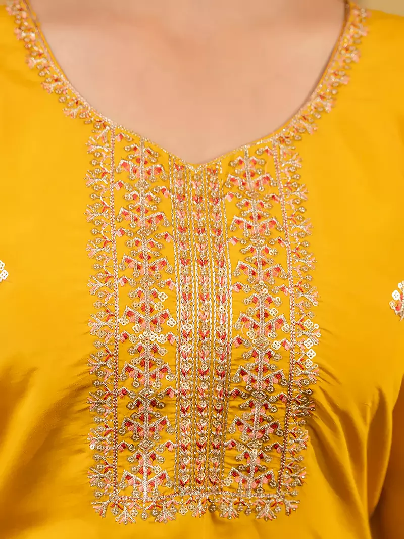 Floral embroidered silk round neck kurta trouser & dupatta set
