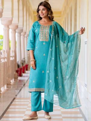 Floral embroidered silk blend round neck kurta trouser & dupatta set 1