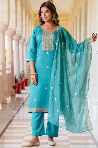 Floral embroidered silk round neck kurta trouser & dupatta set