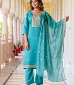 Floral embroidered silk round neck kurta trouser & dupatta set