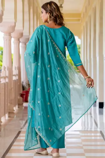 Floral embroidered silk blend round neck kurta trouser & dupatta set