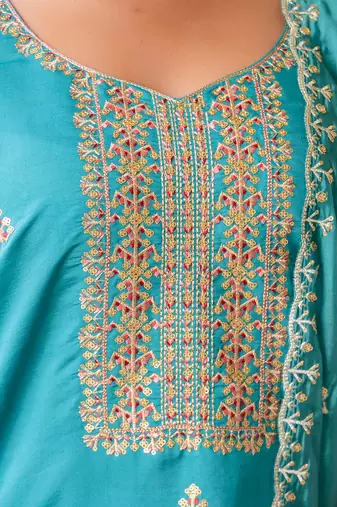 Floral embroidered silk blend round neck kurta trouser & dupatta set