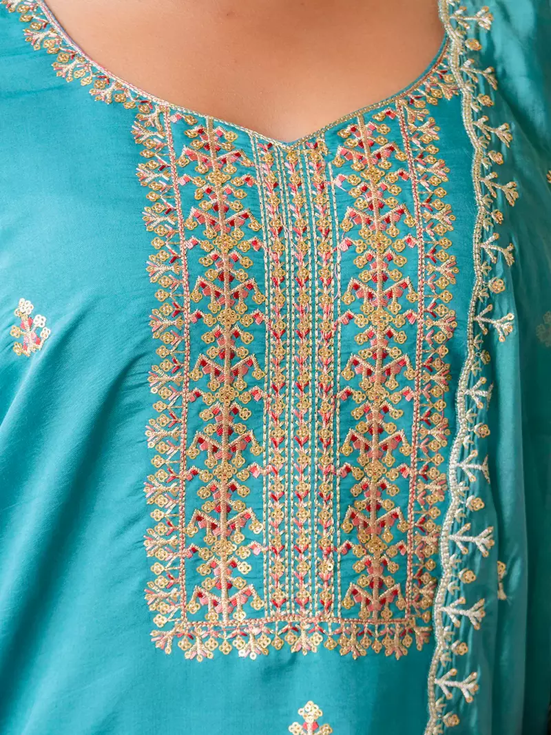 Floral embroidered silk round neck kurta trouser & dupatta set