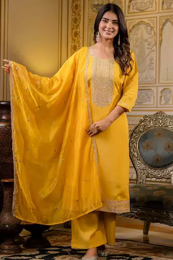 Floral embroidered silk round neck kurta trouser & dupatta set