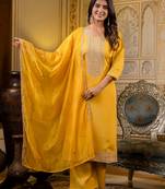 Floral embroidered silk round neck kurta trouser & dupatta set