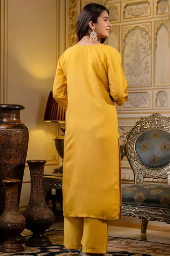 Floral embroidered silk blend round neck kurta trouser & dupatta set