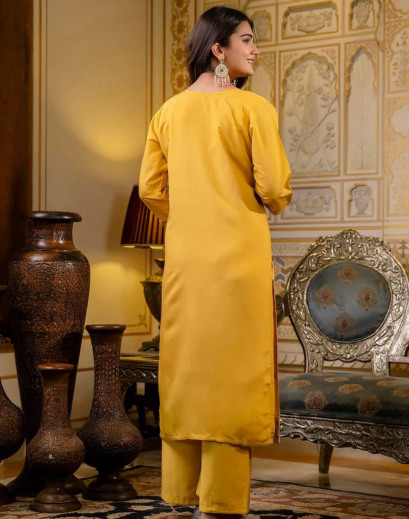Floral embroidered silk round neck kurta trouser & dupatta set