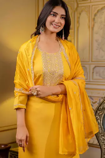 Floral embroidered silk blend round neck kurta trouser & dupatta set