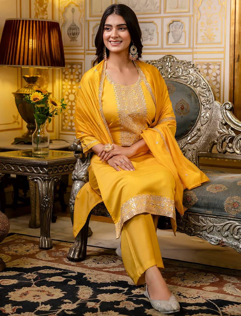 Floral embroidered silk round neck kurta trouser & dupatta set