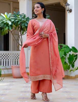 Floral embroidered silk blend round neck kurta trouser & dupatta set 1