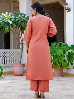 Floral embroidered silk blend round neck kurta trouser & dupatta set 2