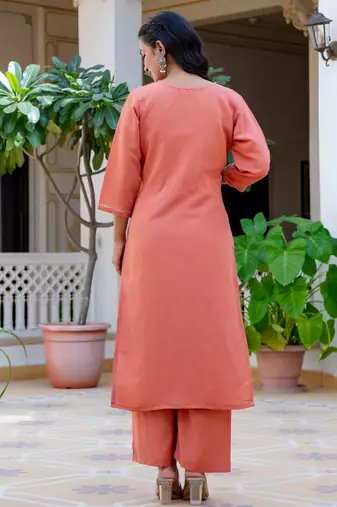 Floral embroidered silk blend round neck kurta trouser & dupatta set