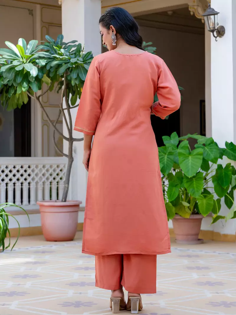 Floral embroidered silk round neck kurta trouser & dupatta set